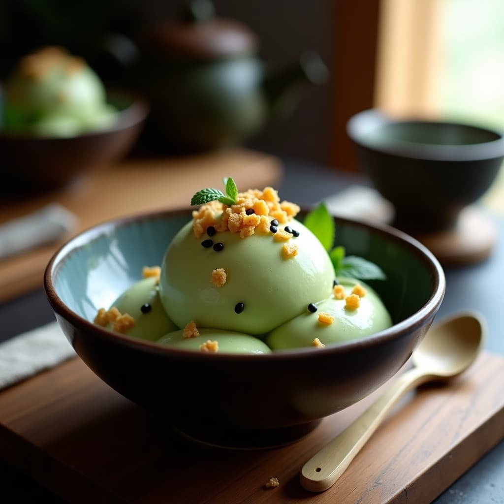 Helado de Té Verde y Wasabi con Crujiente de Almendras: Postre Japonés Vegano