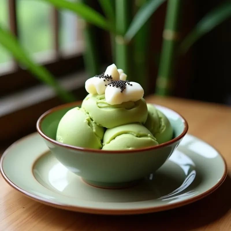 Helado de Té Verde y Wasabi con Toppings de Mochi: Postre Japonés Dulce-Picante