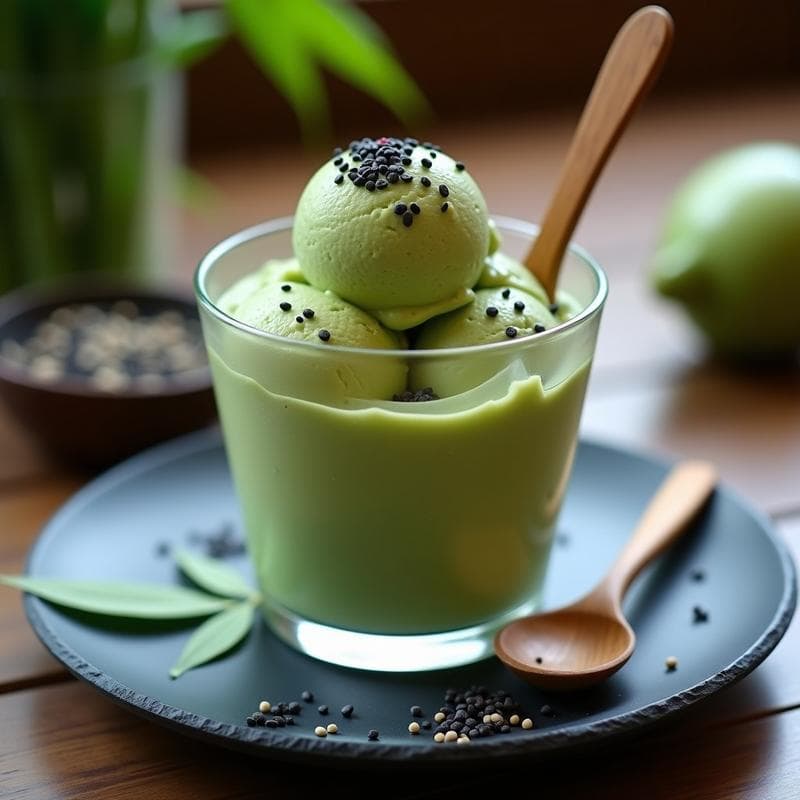 Helado de Té Verde y Wasabi con Topping de Semillas Negras: Postre Japonés Innovador
