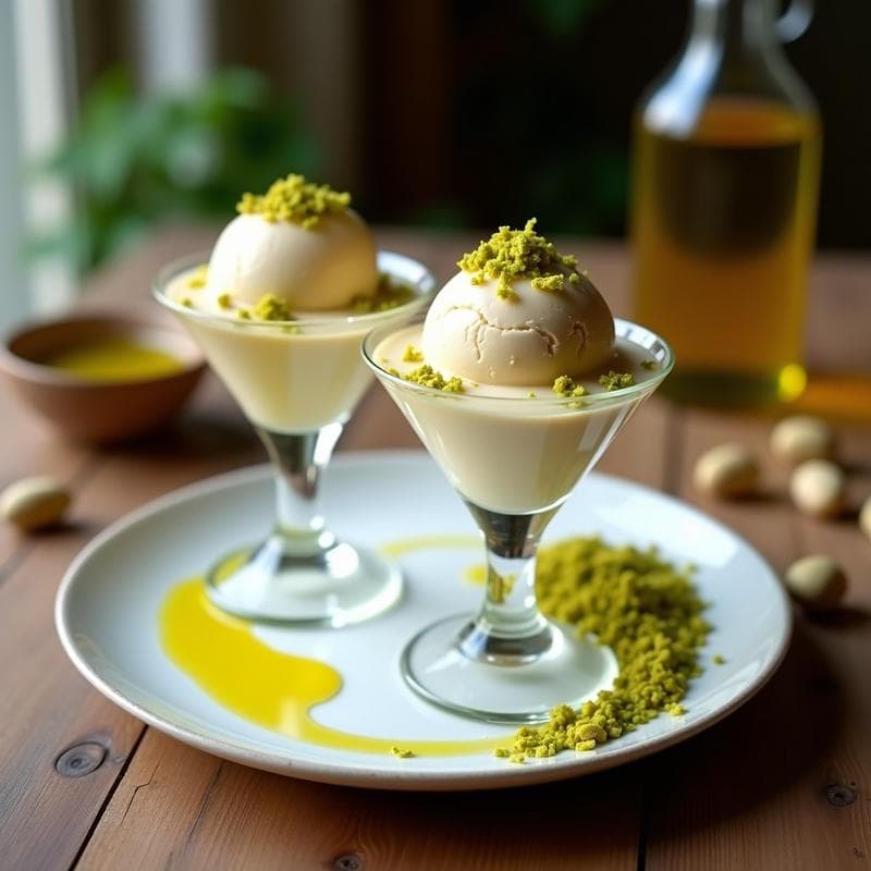 Helado de Turrón y Aceite de Oliva: postre español sin azúcar con crujiente de pistacho