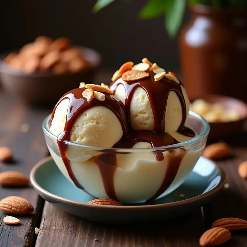 Helado de Turrón con Trozos de Almendra y Salsa de Chocolate Caliente: Postre Navideño Todo el Año