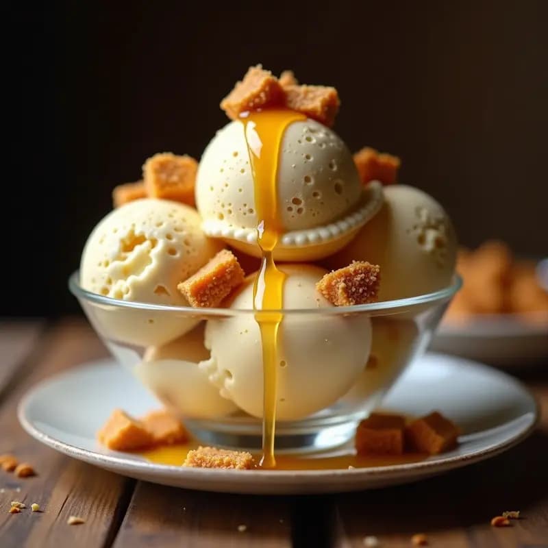 Helado de Turrón: Bolas de Helado de Vainilla con Trozos de Turrón, Almendras y Miel
