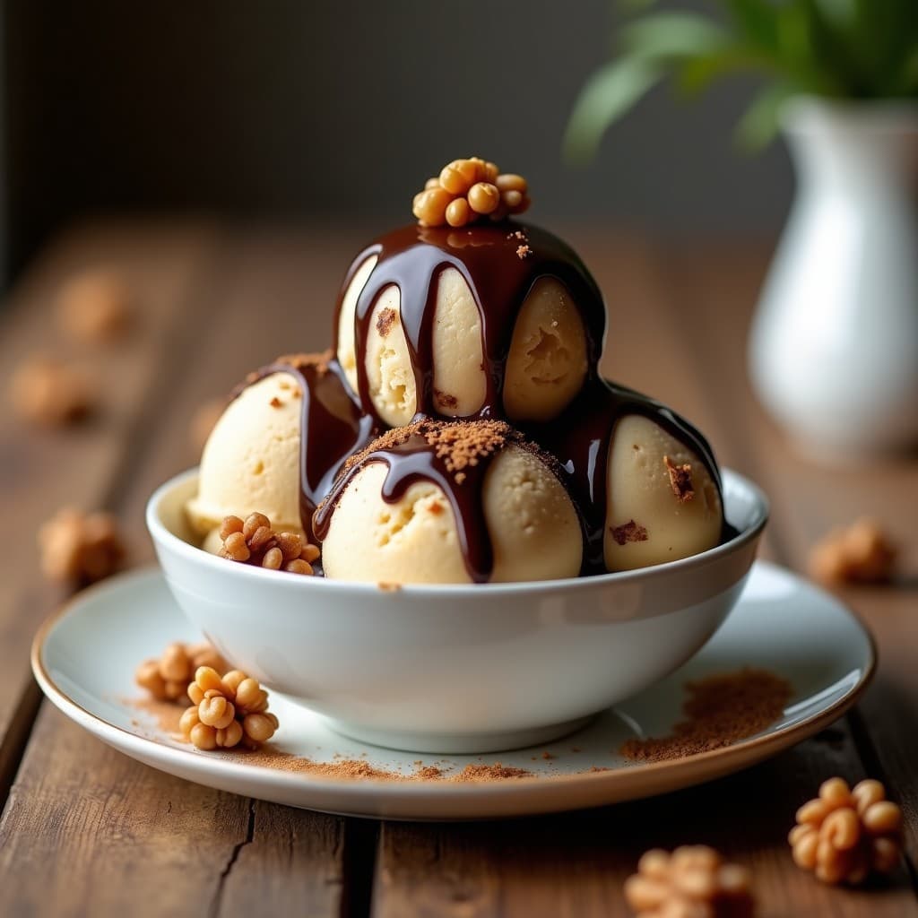 Helado de Turrón y Nuez con Salsa de Chocolate 90%: Postre Vegano Sin Lactosa
