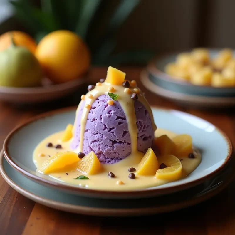 Helado de ube filipino con leches condensada de coco y trozos de jackfruit