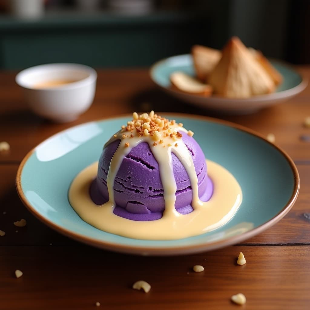 Helado de Ube Morado con Trozos de Coco y Salsa de Leche Condensada Vegana