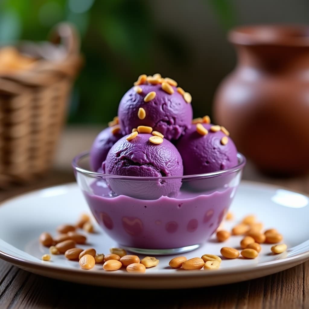 Helado de Ube y Queso Cream con Crujiente de Piñón: Postre Filipino Keto