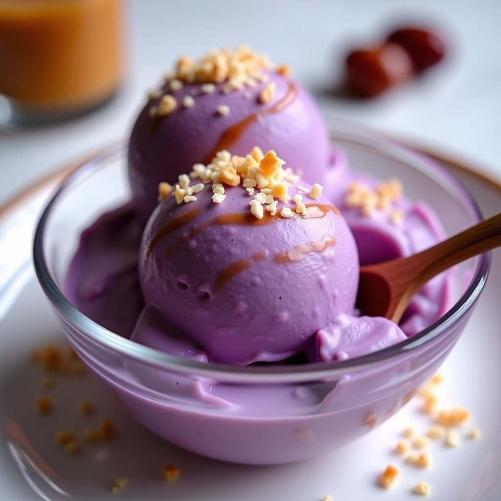 Helado de Ube y Queso Crema con Swirl de Dátiles: Postre Filipino Sin Azúcar en 10 Minutos