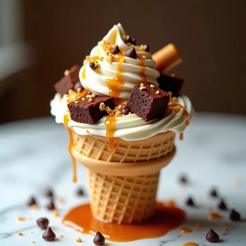 Helado de Vainilla con Toppings de Brownies Galletas y Caramelo: La tentación en un Cono
