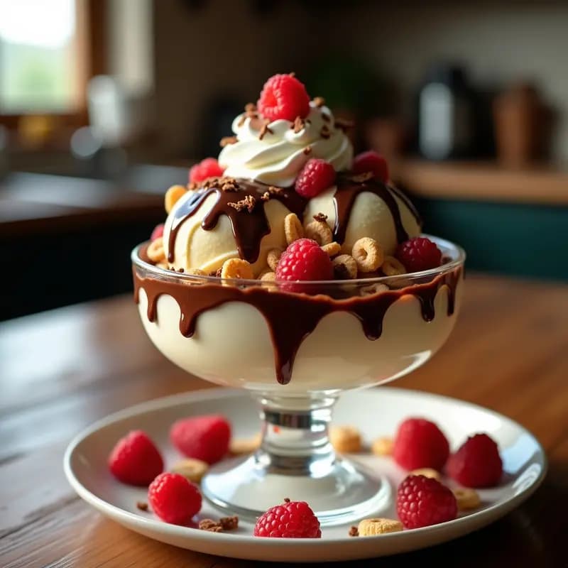 Helado de Vainilla con Toppings de Cereal, Chocolate y Frutos Rojos: Desayuno o Postre Dulce