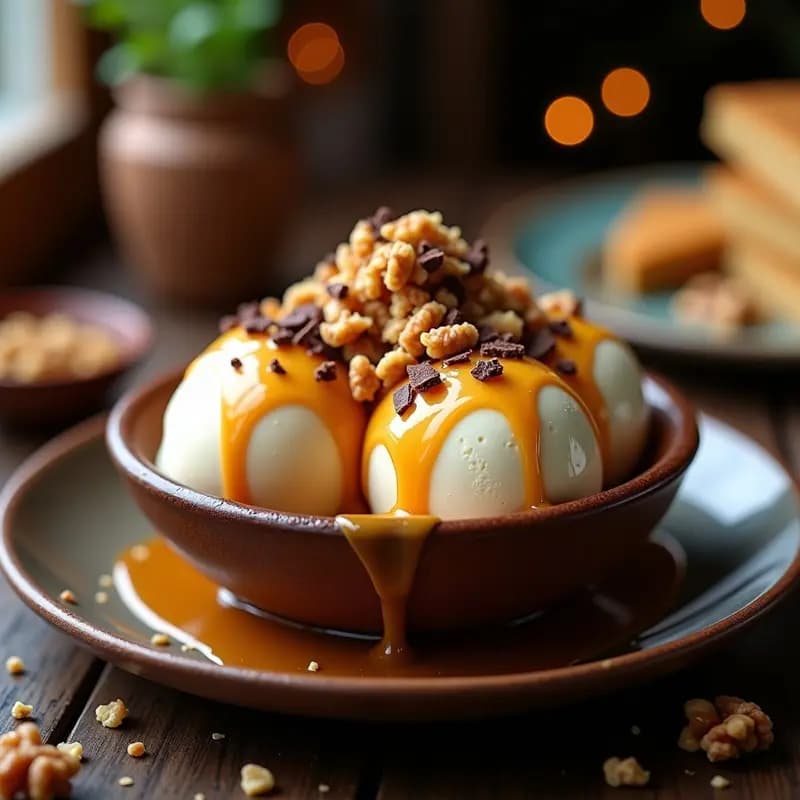Helado de Vainilla con Toppings de Galletas Trituradas y Salsa de Caramelo Salado: Adicción en Cada Cuchara