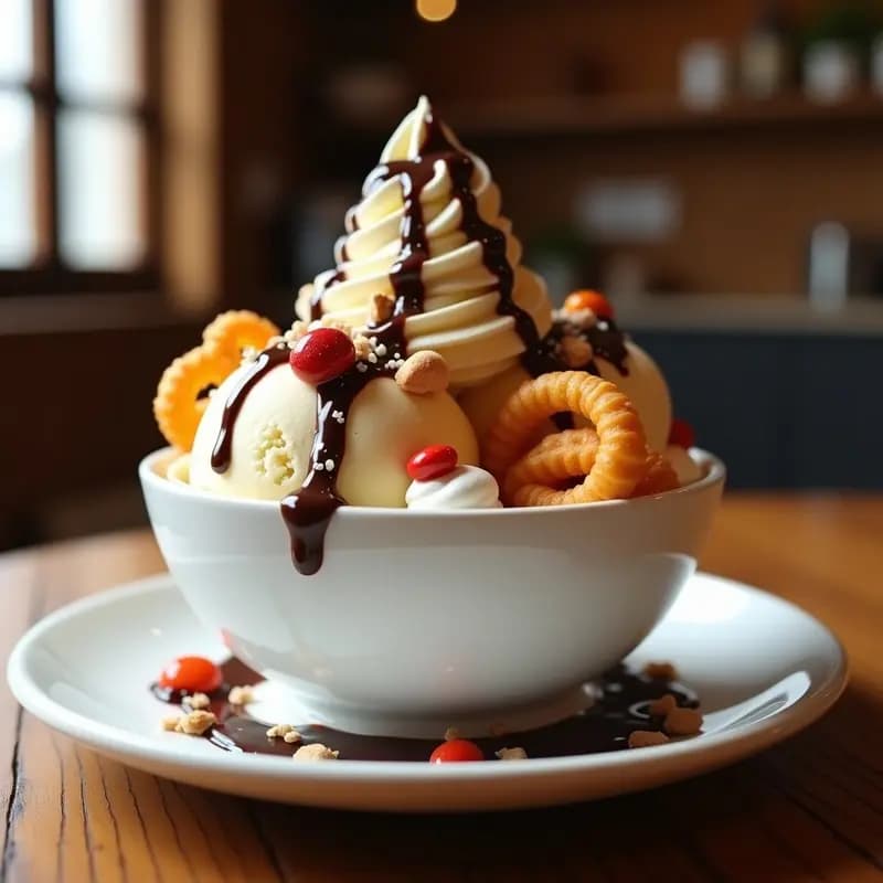 Helado de Vainilla con Toppings de Lacasitos, Churros y Sirop de Chocolate Caliente