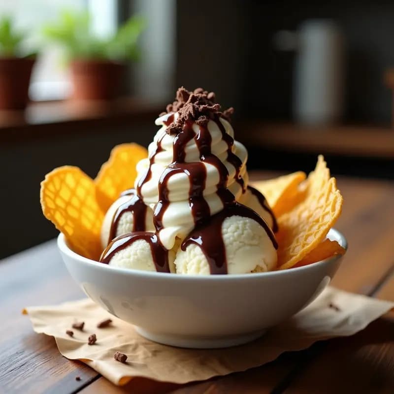 Helado de Vainilla con Toppings de Patatas Fritas y Salsa de Chocolate: Postre Locamente Adictivo