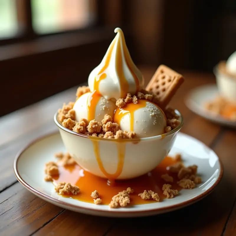 Helado de Vainilla con Toppings de Galleta, Caramelo y Frutos Secos: Postre Tradicional Mejorado