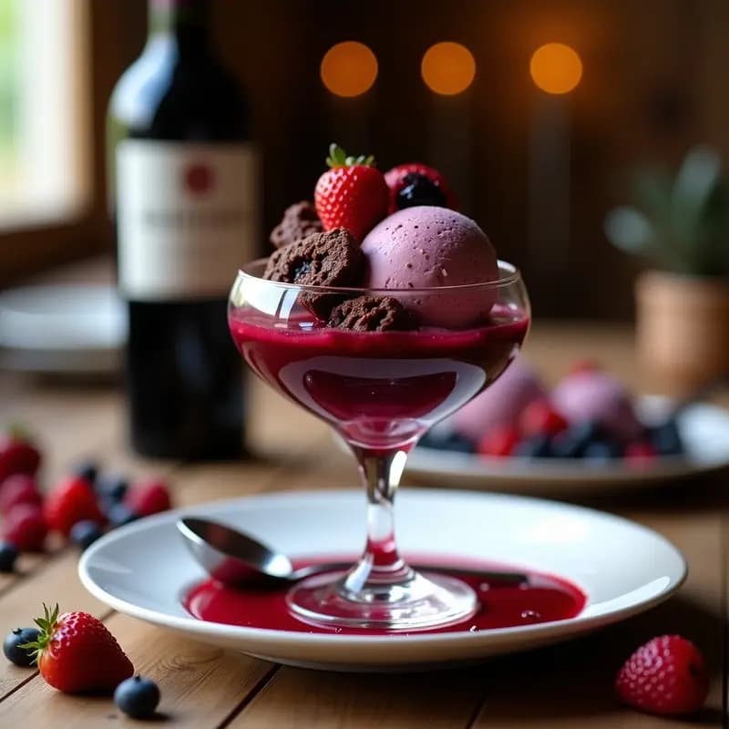 Helado de Vino Tinto con Trozos de Brownies y Salsa de Frutos Rojos: Postre para Adultos Golosos