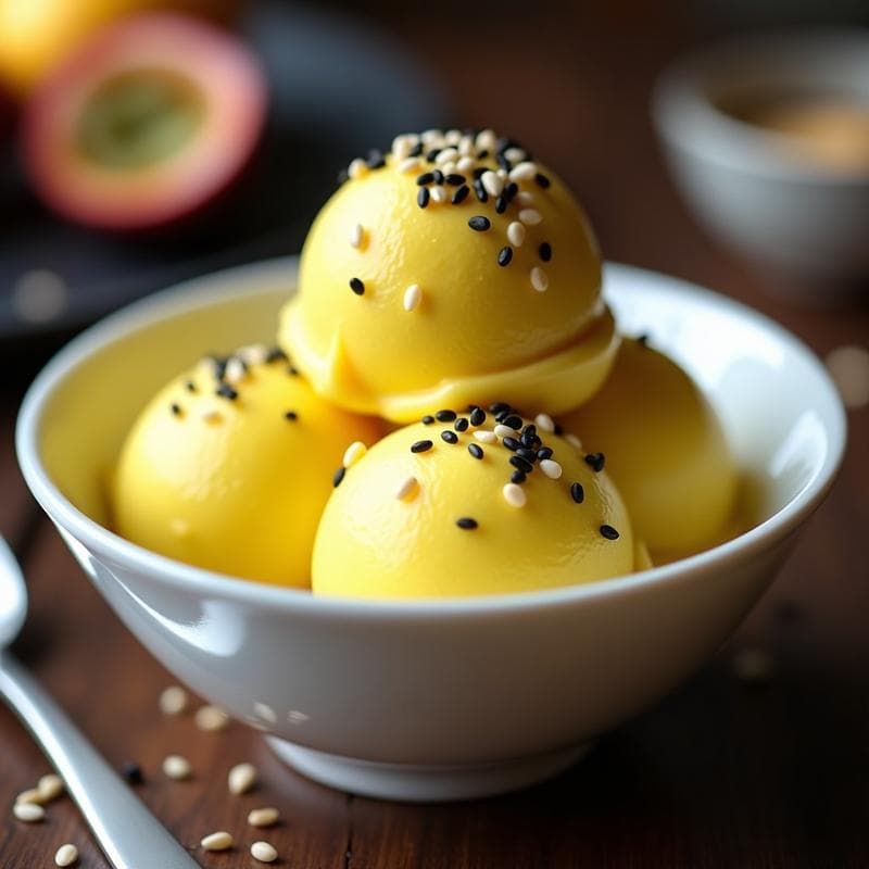 Helado de Wasabi y Maracuyá con Crujiente de Sésamo: Postre Japonés-Peruano Sin Lácteos en 3 Ingredientes