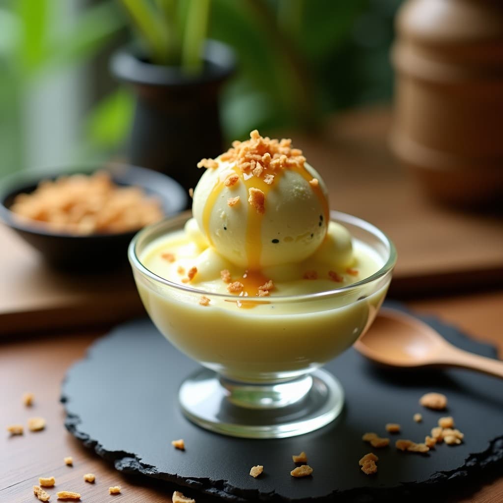 Helado de Wasabi y Miel con Crujiente de Almendra: Postre Japonés Innovador