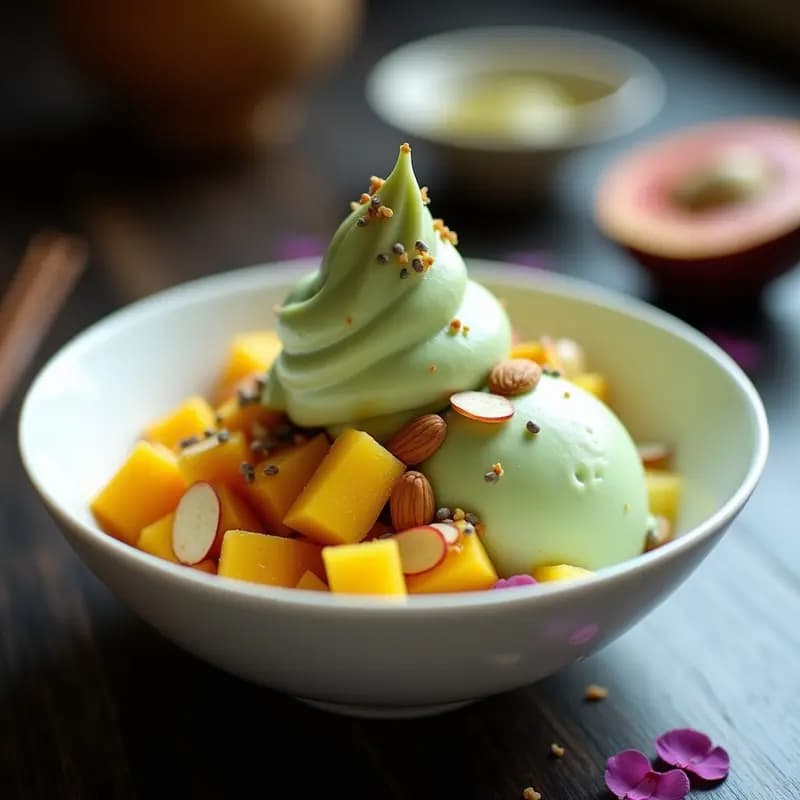 Helado de Wasabi y Mirepoix de Frutas Tropicales: Postre Japonés Innovador Sin Azúcar