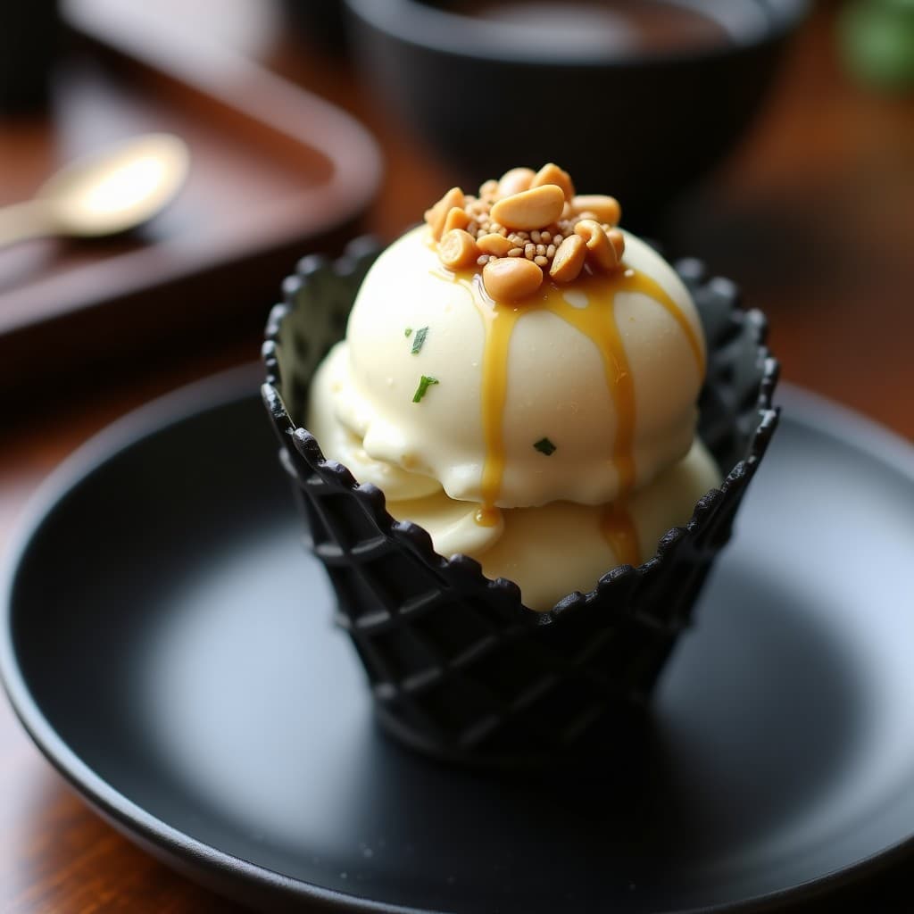 Helado de Wasabi y Miso Blanco con Topping de Cacahuetes Triturados: Postre Japonés Keto