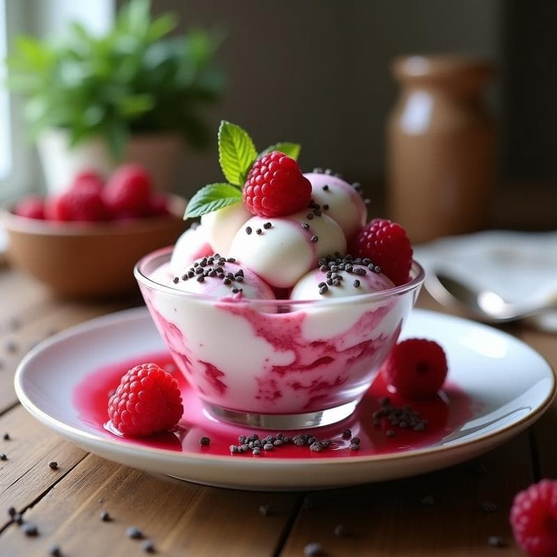 Helado de Yogur Griego con Frambuesas y Semillas de Chía: Postre Keto y Alta en Proteína