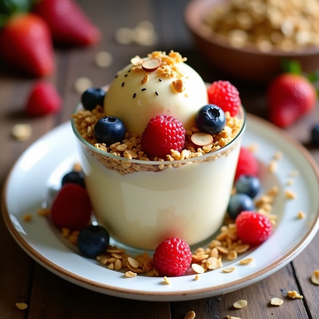 Helado de Yogur Griego con Frutos Rojos y Granola de Quinoa: Postre Saludable en 10 Minutos