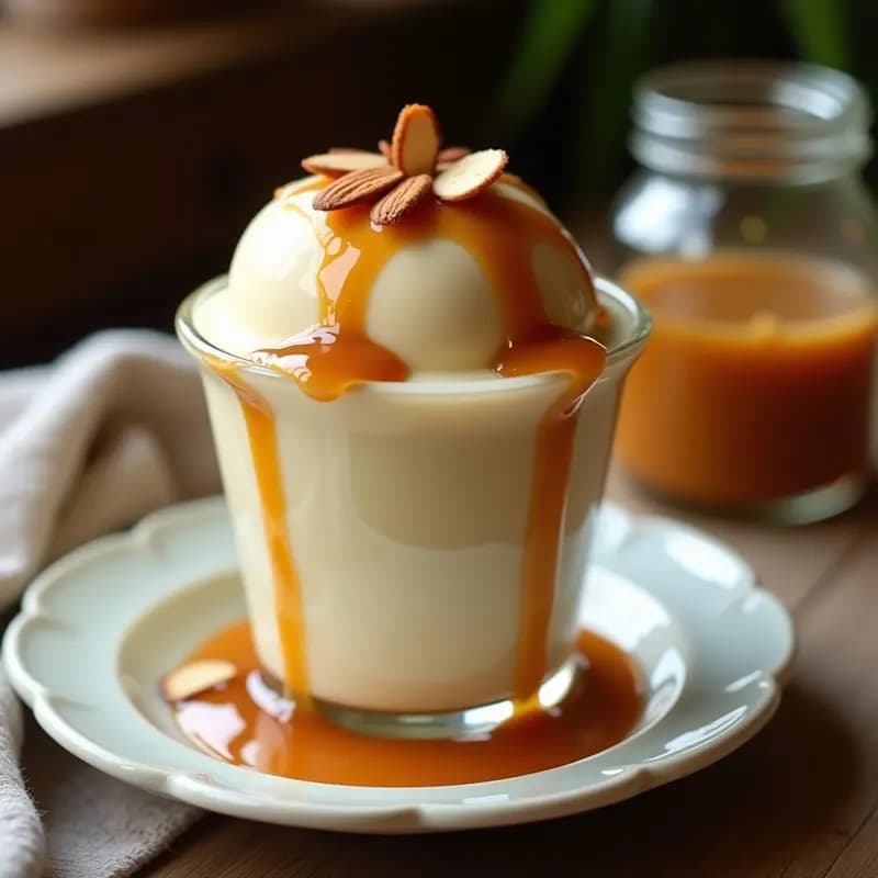 Helado de Yogur Griego y Polvo de Maca con Salsa de Caramelo Salado: Postre Andino Keto