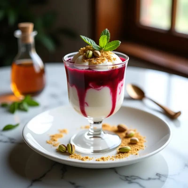 Helado de Yogur Griego con Mermelada de Frambuesa y Pistachos: Postre Turco Alta en Proteína