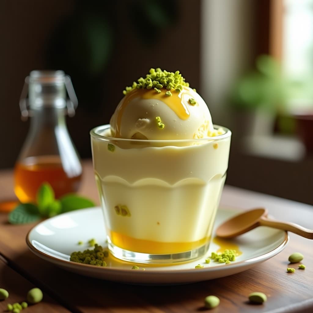 Helado de Yogur Griego y Miel con Virutas de Pistacho: Postre Griego Bajo en Calorías