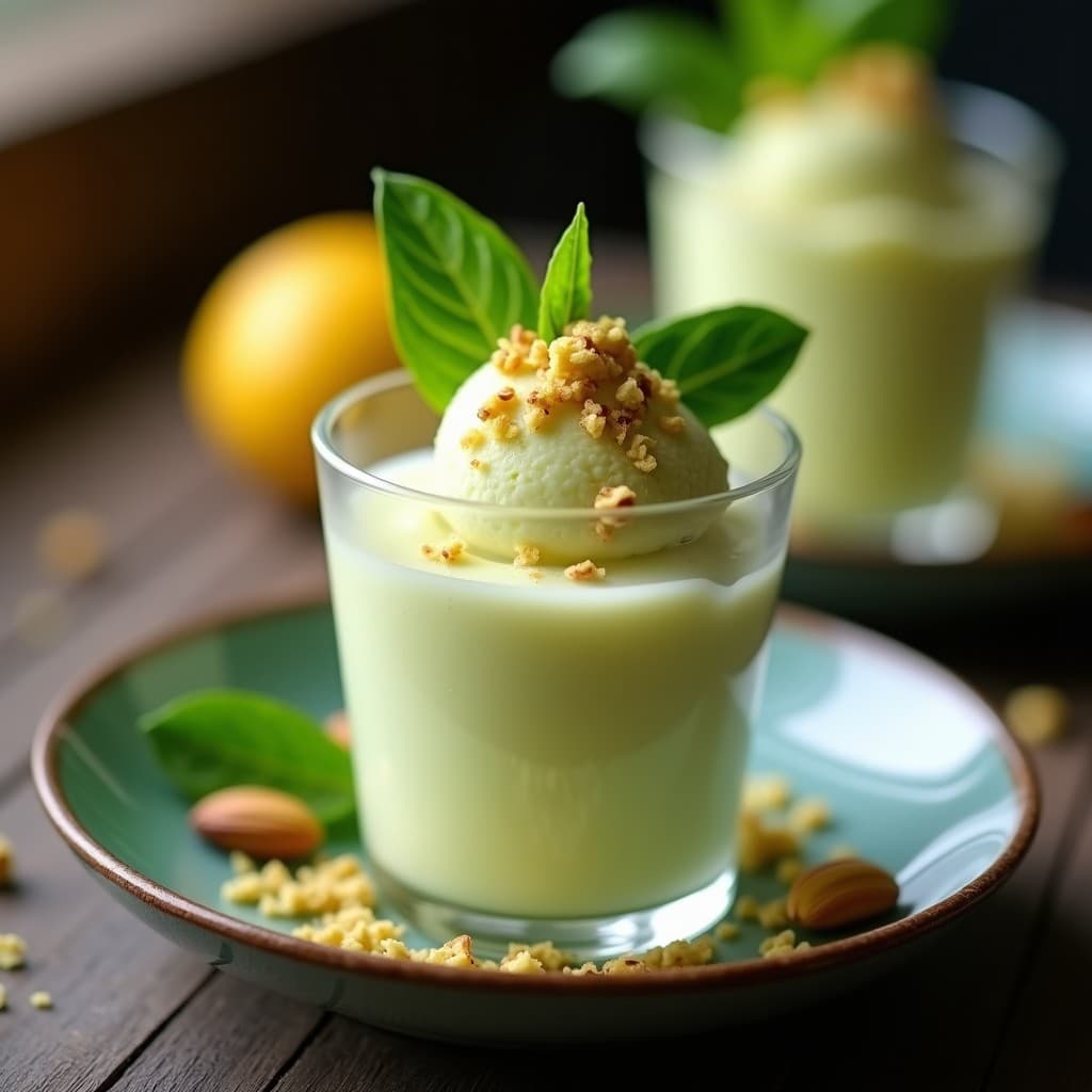 Helado de Yuzu y Albahaca con Trozos de Pistacho: Postre Japonés Sin Azúcar y Refreshing