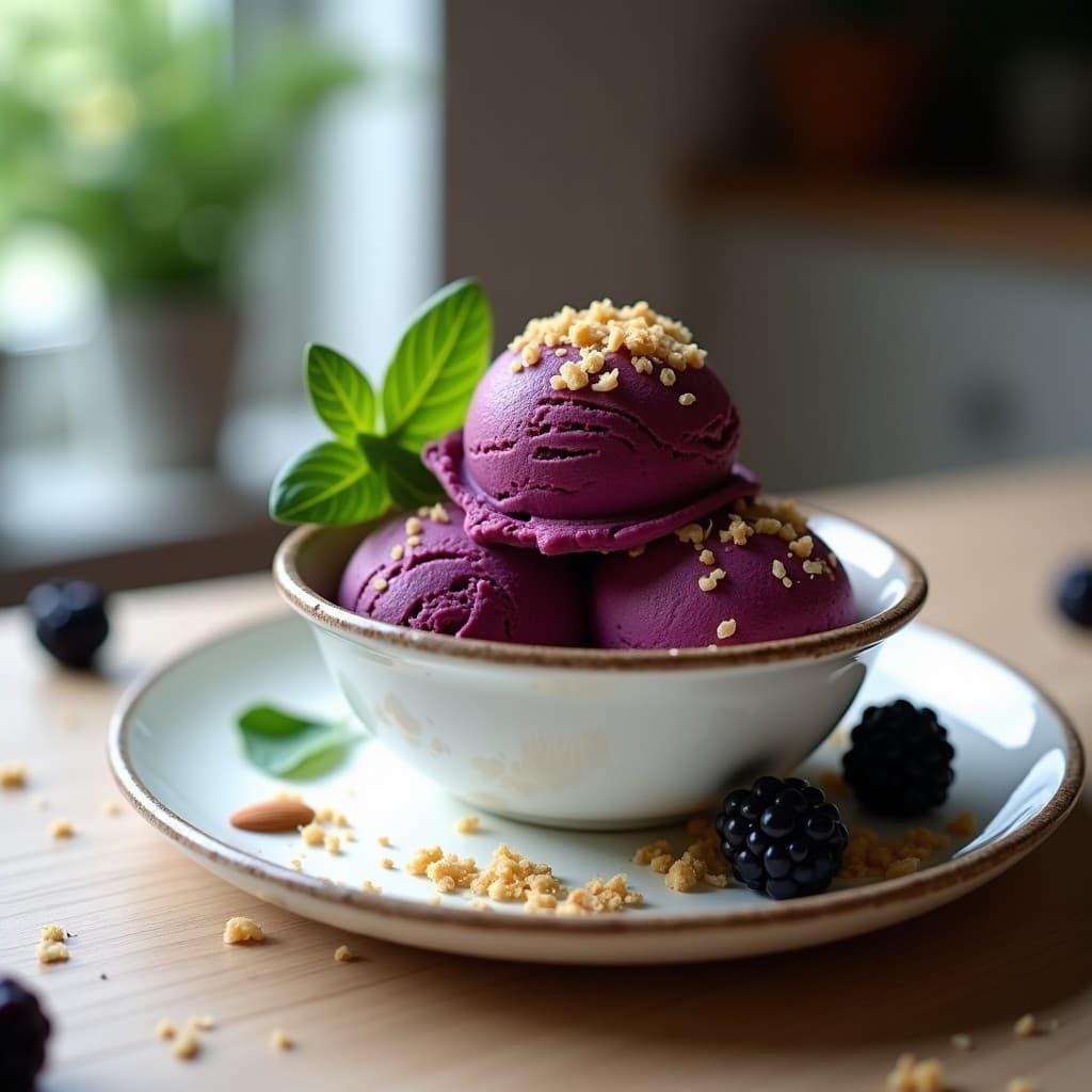 Helado de Zarzamora y Albahaca con Crujiente de Almendras: Postre Francés Sin Lácteos