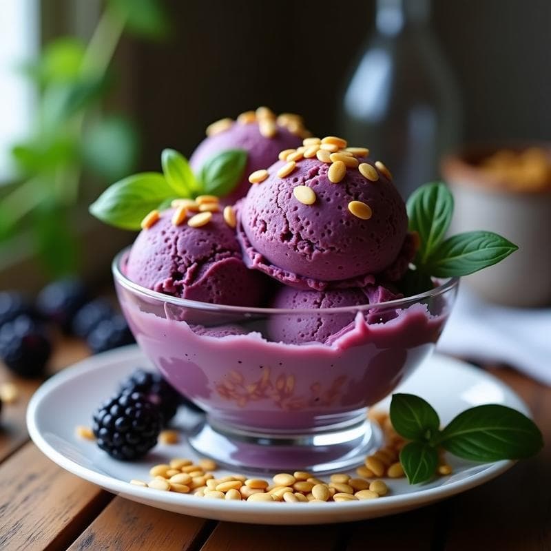Helado de Zarzamora y Albahaca con Crujiente de Pipas: Postre Sin Azúcar y Vegano en 10 Minutos