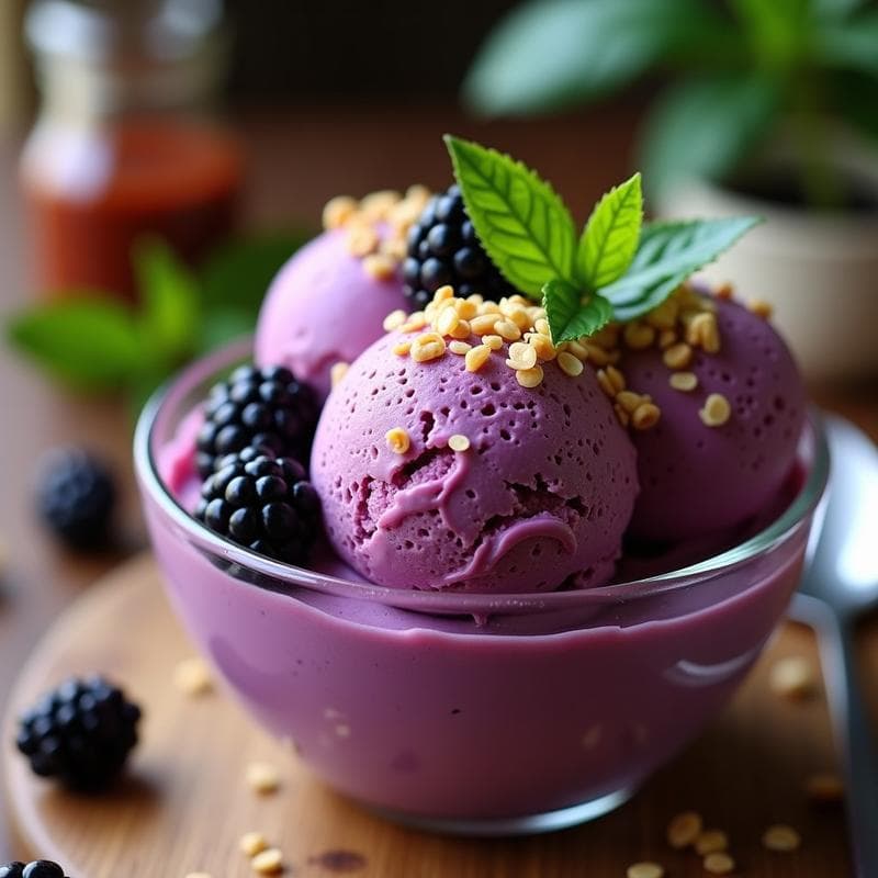 Helado de Zarzamora y Albahaca con Topping de Granola: Postre Vegano Sin Lácteos