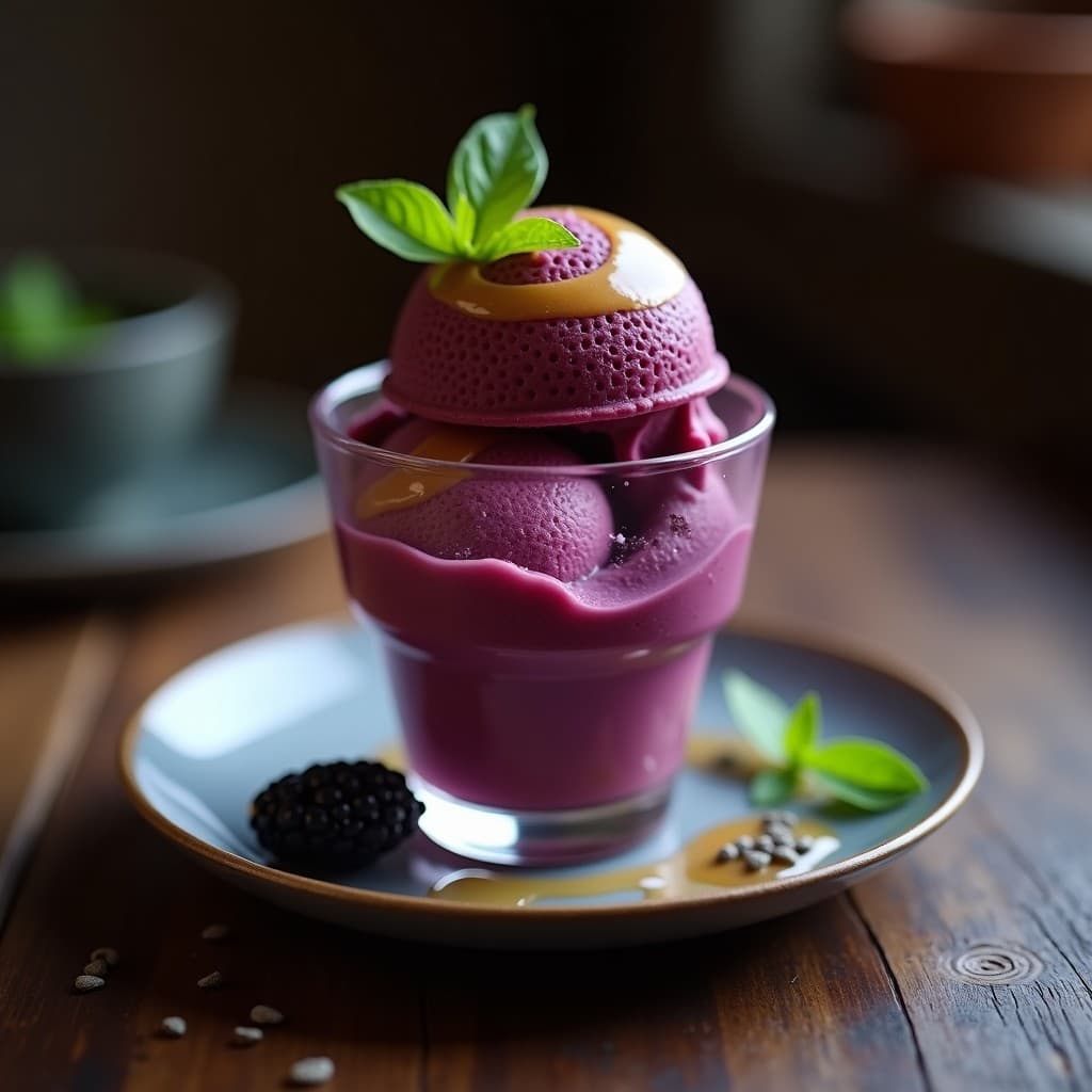 Helado de Zarzamora y Albahaca con Swirl de Miel de Agave: Postre Italiano Gourmet