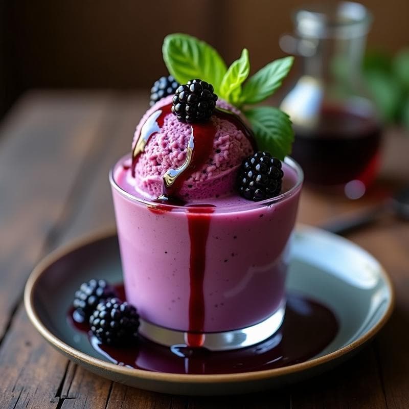 Helado de Zarzamora y Albahaca con Sirope de Vinagre Balsámico: Postre Italiano Vegano