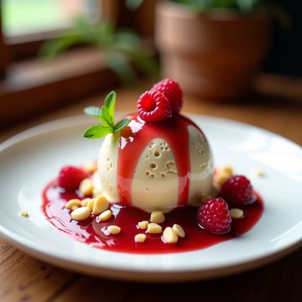 Helado de Zologische con Salsa de Frambuesas: Postre Alemán Tradicional Sin Lácteos