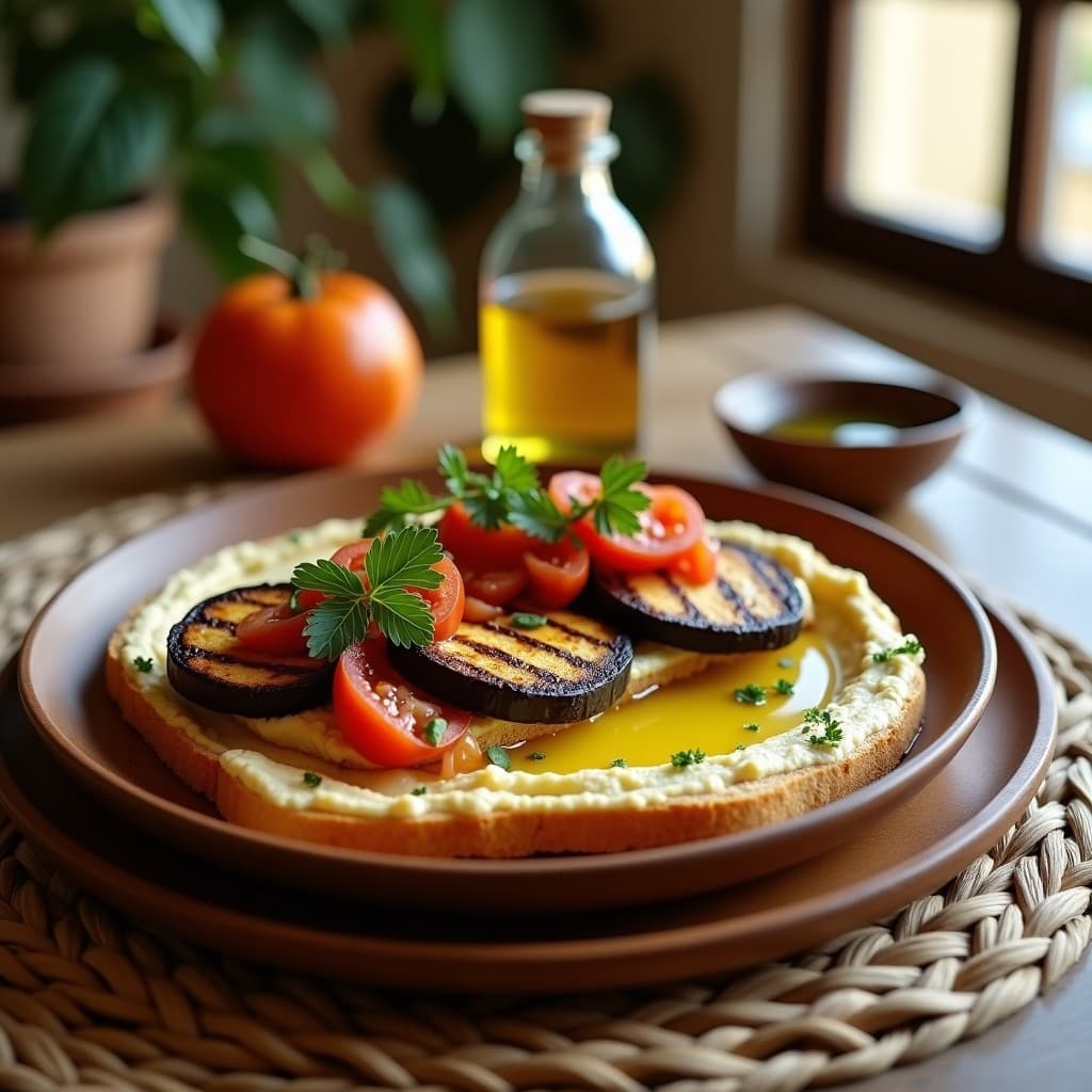 Hobz Biz-Zejt con Berenjena Asada y Hummus: Receta Maltesa vegana en tostadora