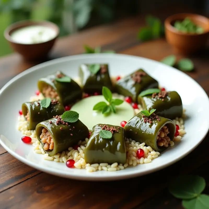 Hoja de Parra Rellena de Arroz Basmati y Cordero: Receta Armeniá Tradicional con Salsa de Yogur y Menta