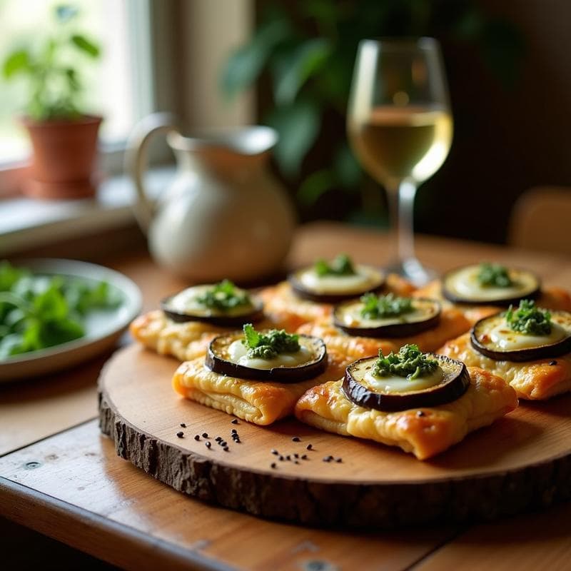 Hojaldres de Berenjena y Pesto de Rúcula: Aperitivo Italiano en Airfryer con Queso Vegano