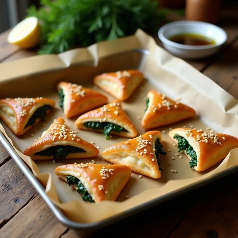 Hojaldres de Espinaca y Queso Feta con Semillas de Ajonjolí: Receta Griega Crujiente en Thermomix en 15 Minutos
