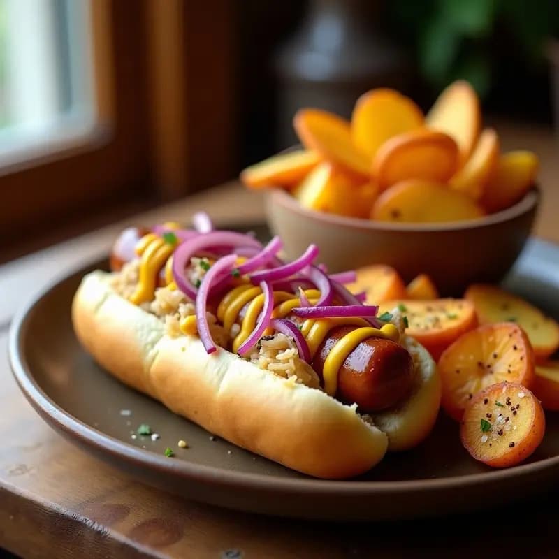 Hot Dog de Salchicha Bratwurst con Chucrut, Mostaza Dulce y Patatas Crujientes: Estilo Alemán