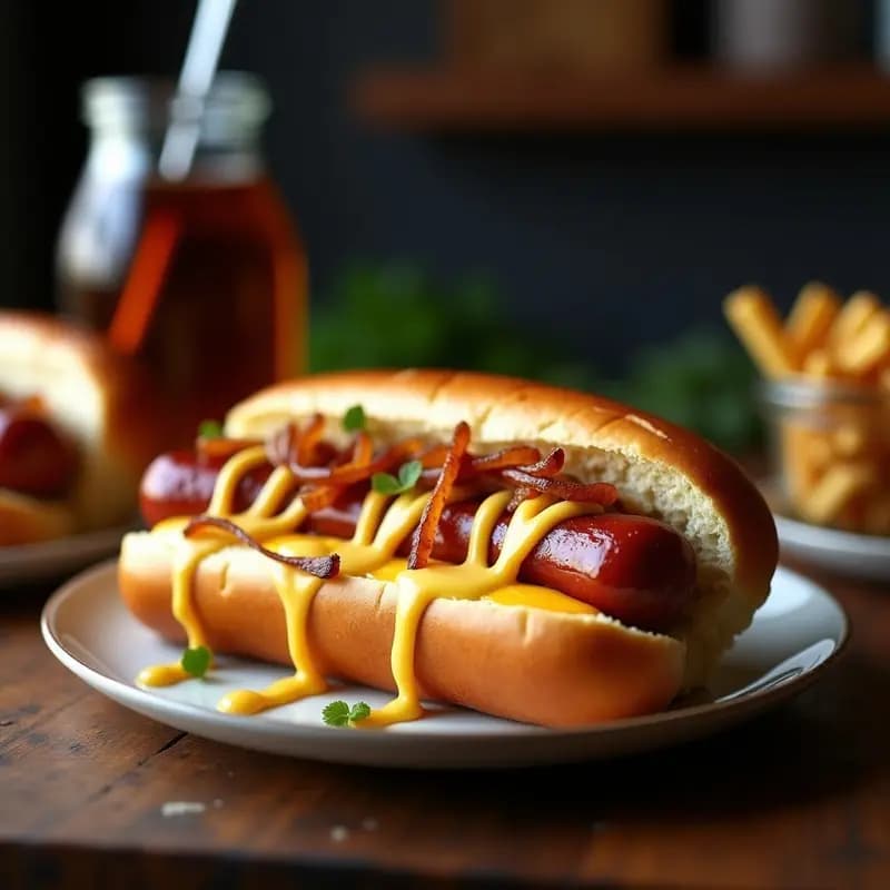 Hot Dog de Salchicha Bratwurst con Pan de Pretzel, Queso Cheddar y Salsa de Mostaza y Miel: Receta Alemana Contundente