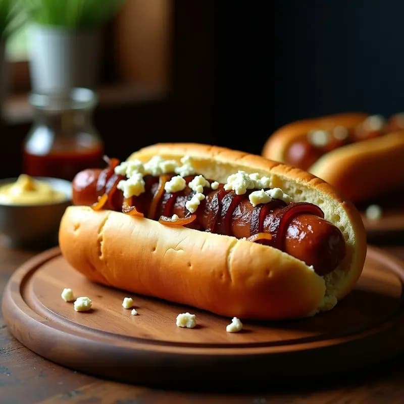 Hot Dog con Pan de Brioche, Salchicha Bratwurst y Toppings de Cebolla Caramelizada y Queso Azul