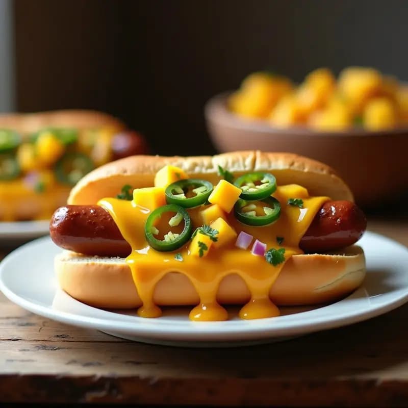 Hot Dog con Pan de Brioche, Queso Cheddar, Jalapeños y Salsa de Mango: Receta para un Explosión de Sabores