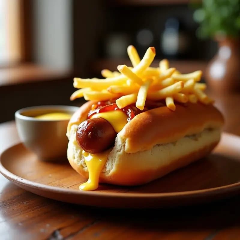 Hot Dog con Pan de Brioche, Queso Fundido y Patatas Fritas Encima: El Caos Delicioso