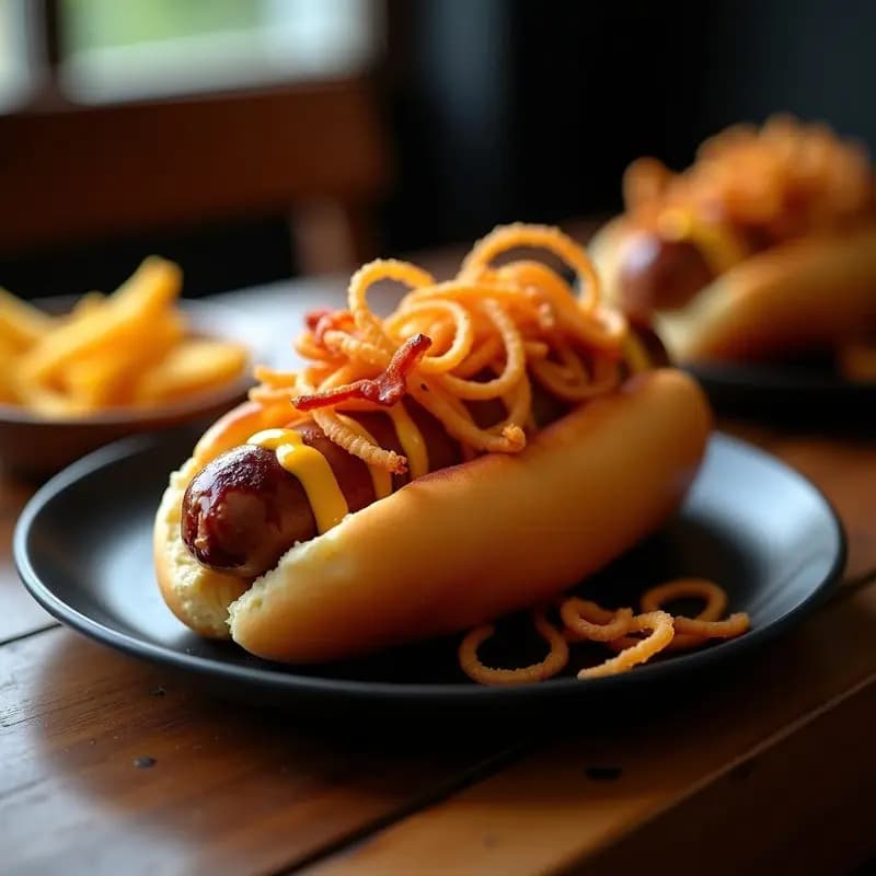 Hot Dog con Pan de Brioche, Salchicha Alemana y Toppings de Cebolla Crujiente: Receta de Comida Callejera premium