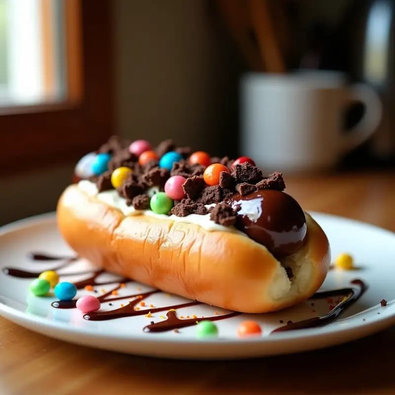 Hot Dog de Chocolate con Pan de Brioche, Crema de Avellanas y Toppings de Colores