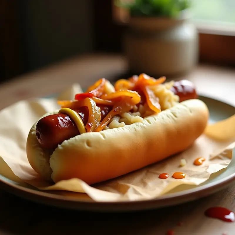 Hot Dog con Chucrut, Mostaza Dulce y Cebolla Caramelizada: Estilo Callejero de Nueva York