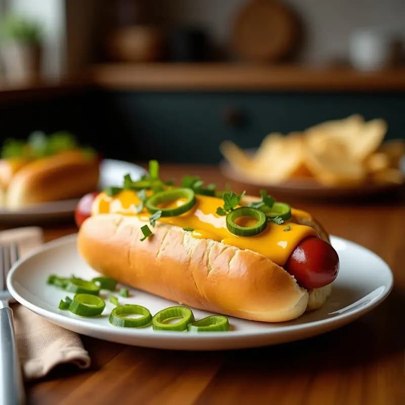 Hot Dog Gigante con Pan de Brioche, Queso Cheddar y Aros de Cebolla Frita: El Rey de la Comida Rápida