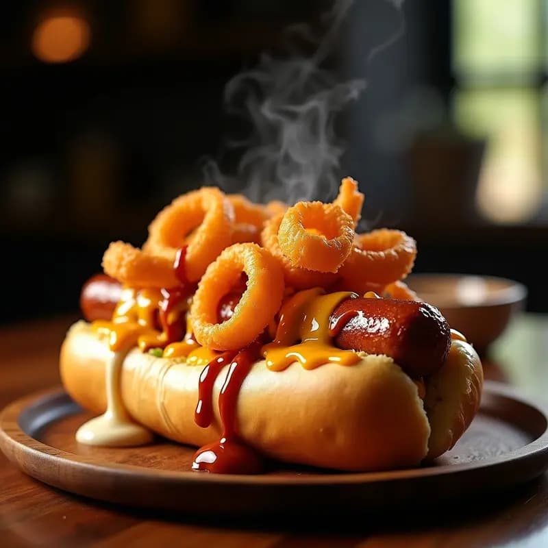 Hot Dog Gigante con Queso Fundido, Cebolla Frita y Salsas Picantes: Perrito Caliente Monster