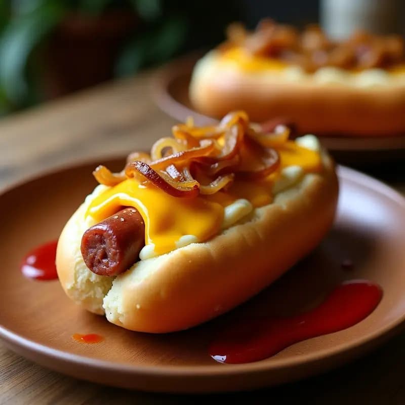Hot Dog con Puré de Patatas, Queso Fundido y Cebolla Caramelizada: Versión Gourmet de la Comida Rápida