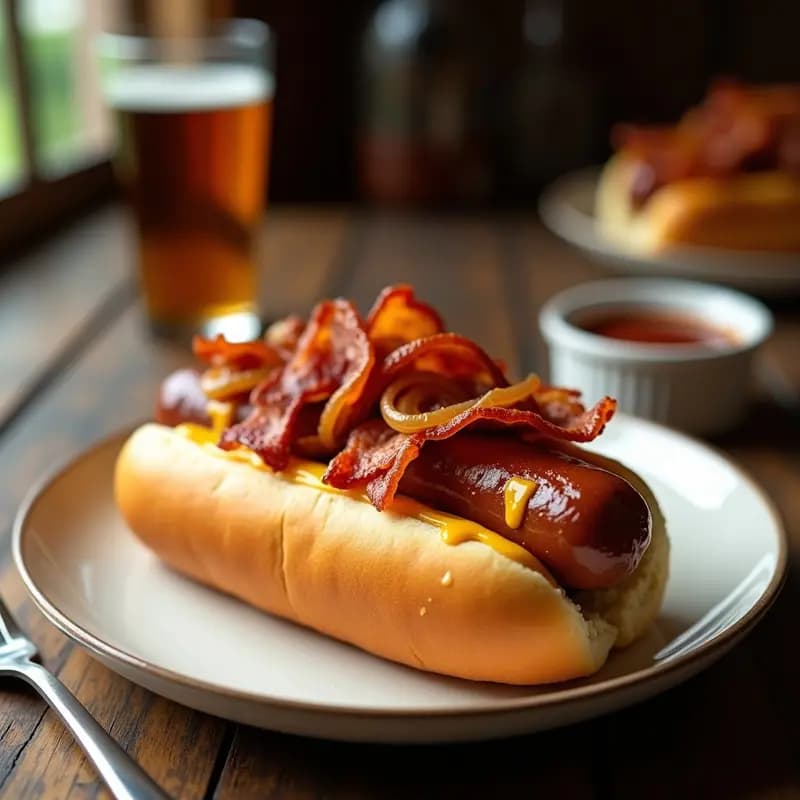 Hot Dog con Queso Fundido, Cebolla Caramelizada, Bacon y Salsa de Barbacoa: Perrito Gourmet